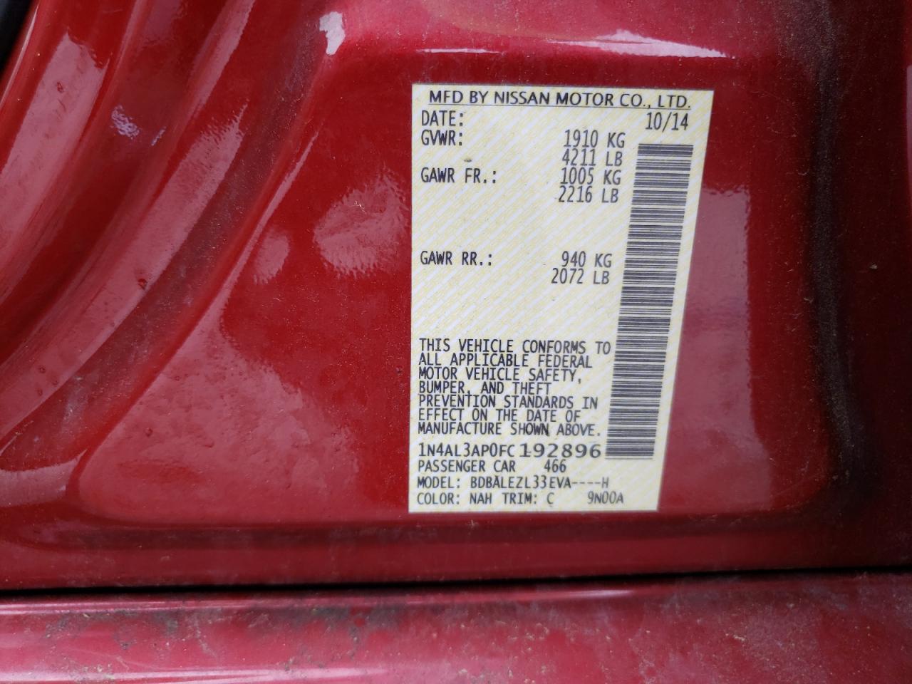 2015 Nissan Altima 2.5 VIN: 1N4AL3AP0FC192896 Lot: 62399604