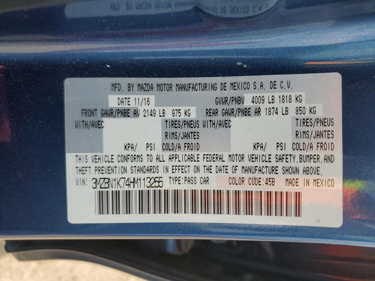 2017 Mazda 3 Sport VIN: 3MZBN1K74HM113255 Lot: 63804174