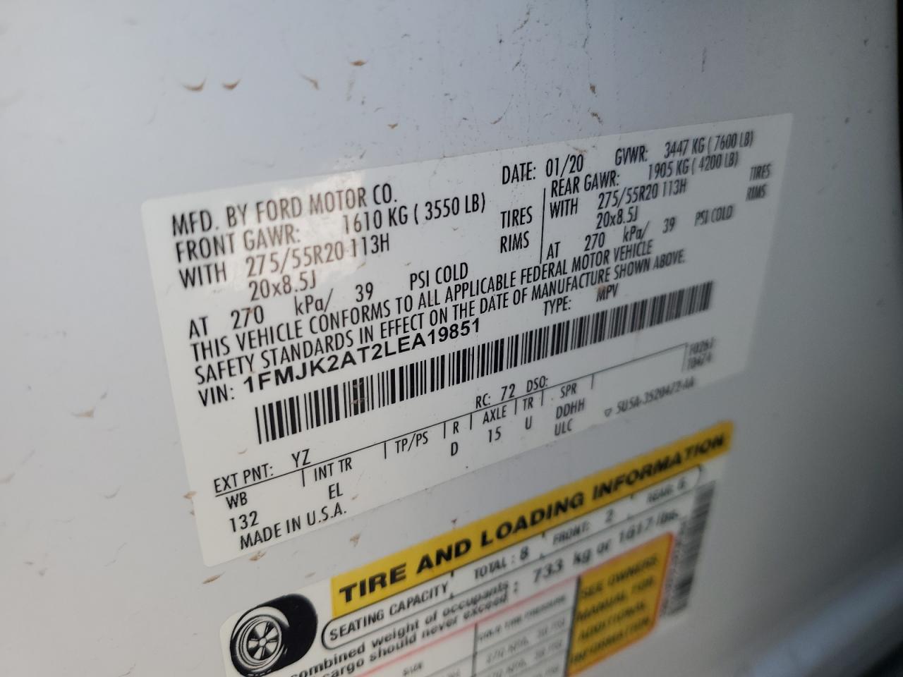 2020 Ford Expedition Max Limited VIN: 1FMJK2AT2LEA19851 Lot: 62933394