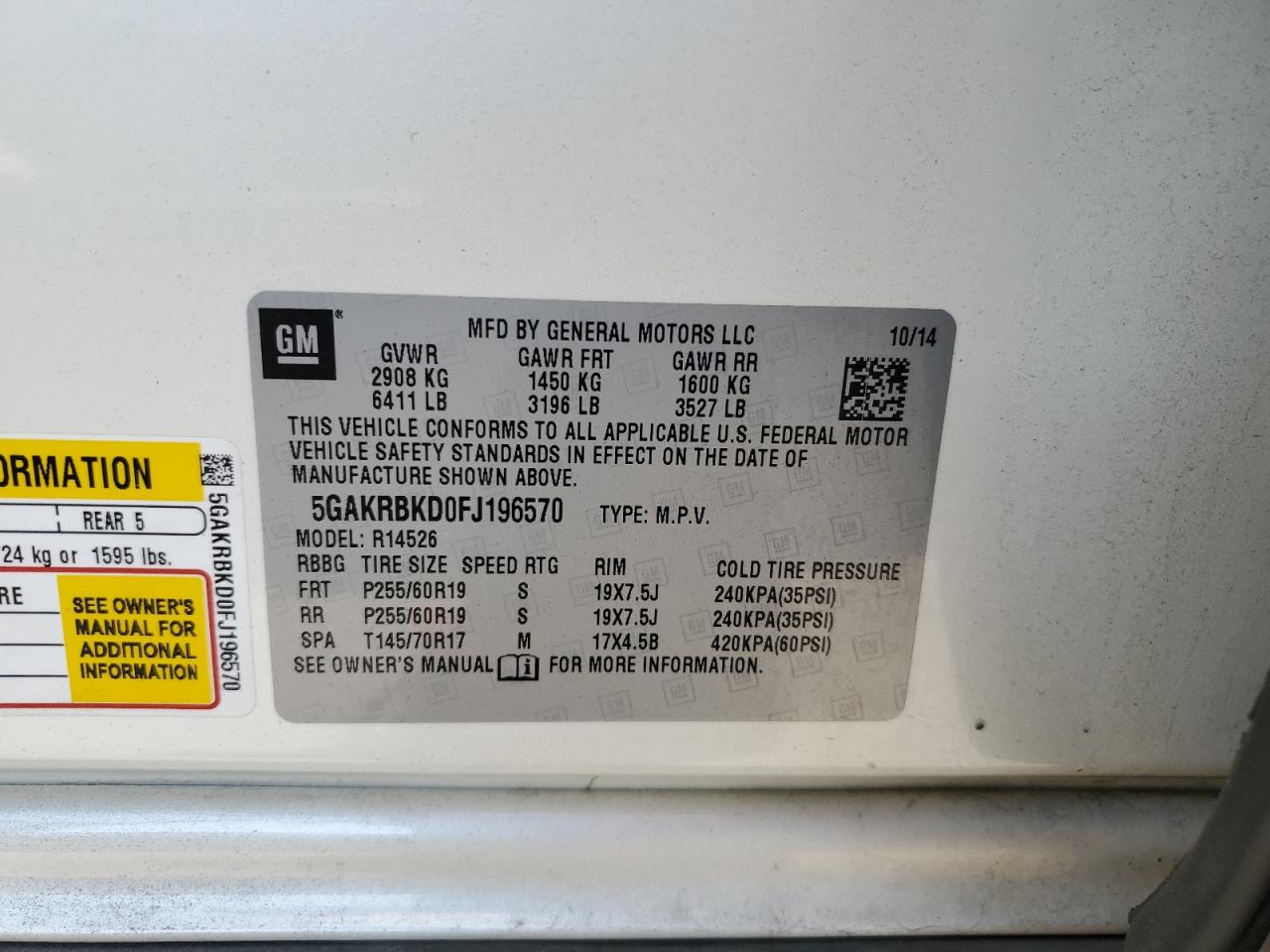 2015 Buick Enclave VIN: 5GAKRBKD0FJ196570 Lot: 61319824