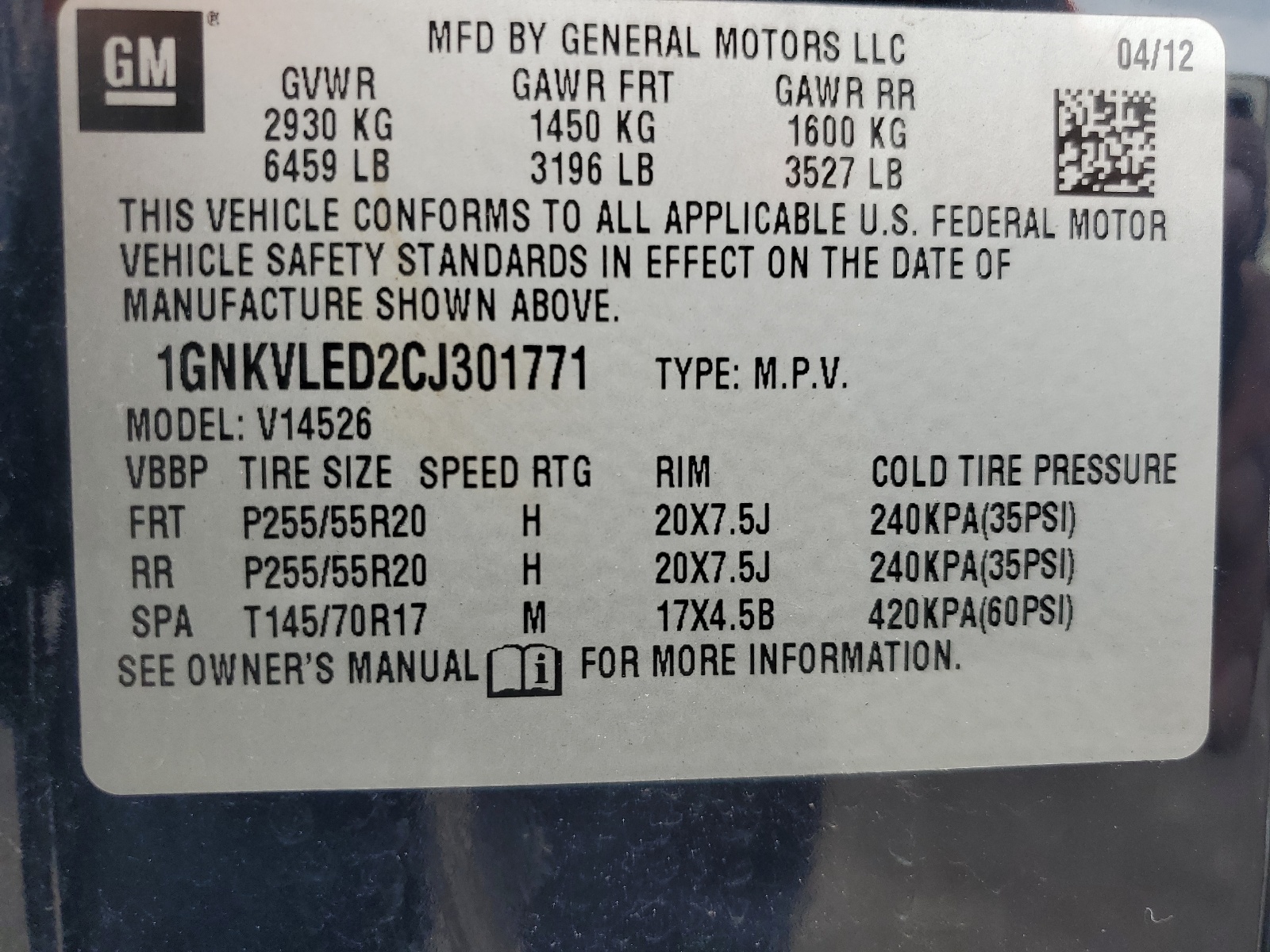 1GNKVLED2CJ301771 2012 Chevrolet Traverse Ltz