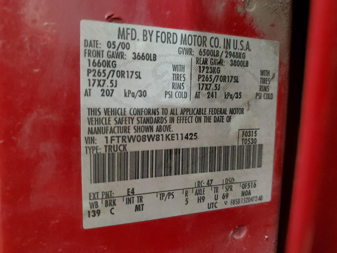 2001 Ford F150 Supercrew VIN: 1FTRW08W81KE11425 Lot: 61902724