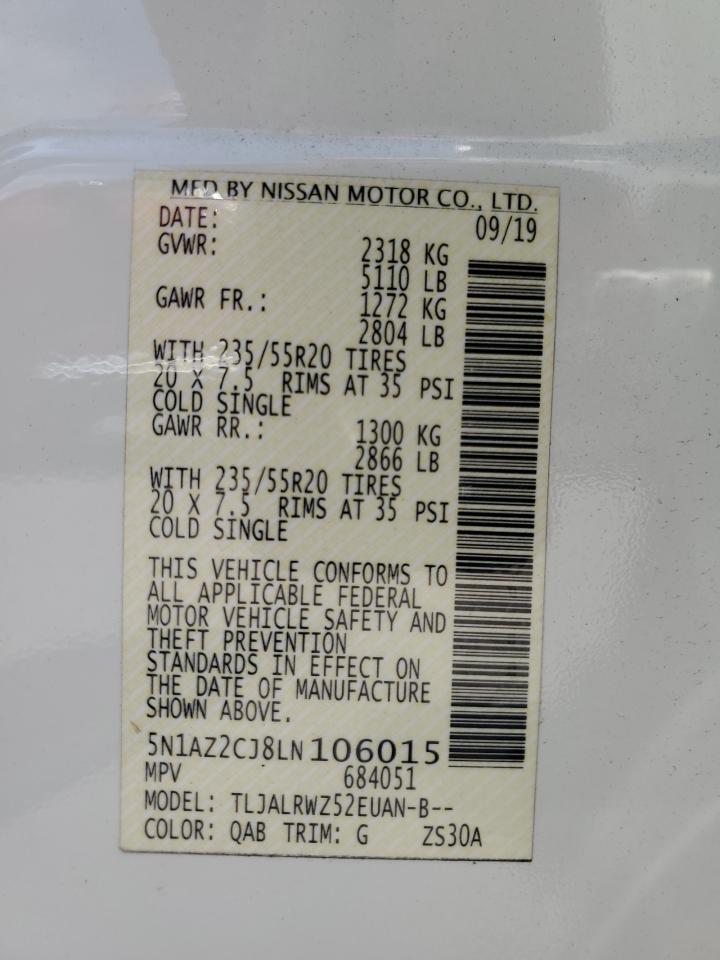 2020 Nissan Murano Sl VIN: 5N1AZ2CJ8LN106015 Lot: 63904564