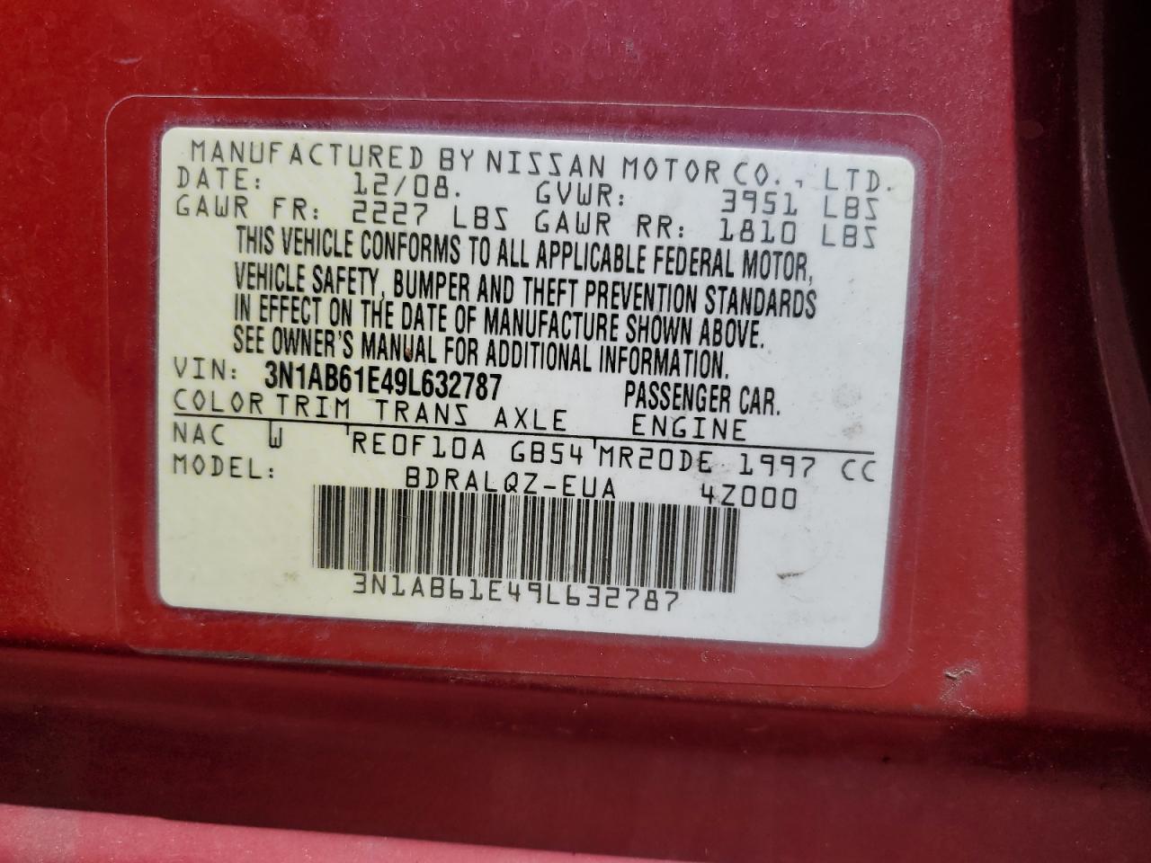 2009 Nissan Sentra 2.0 VIN: 3N1AB61E49L632787 Lot: 62684534