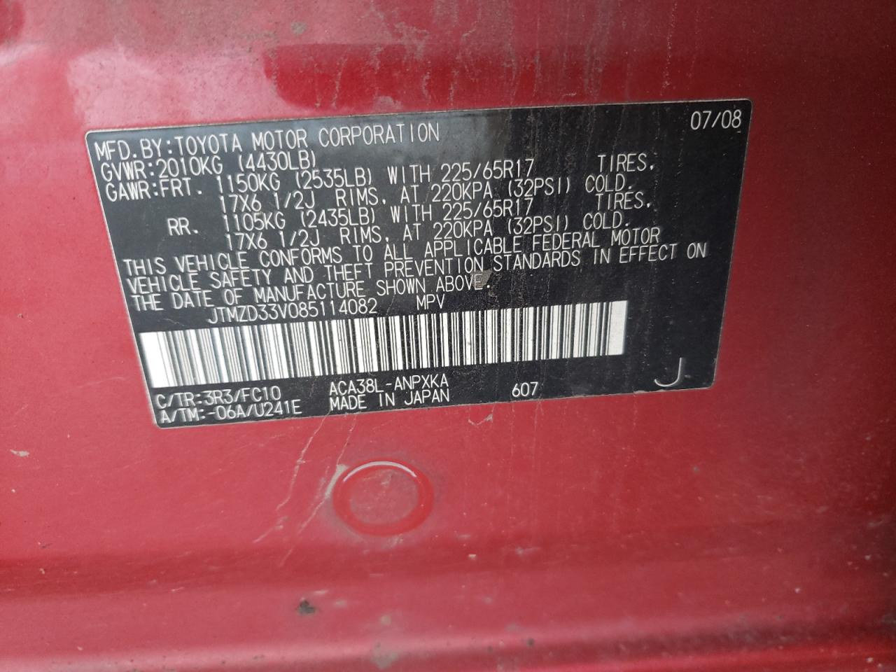 2008 Toyota Rav 4 VIN: JTMZD33V085114082 Lot: 64415834