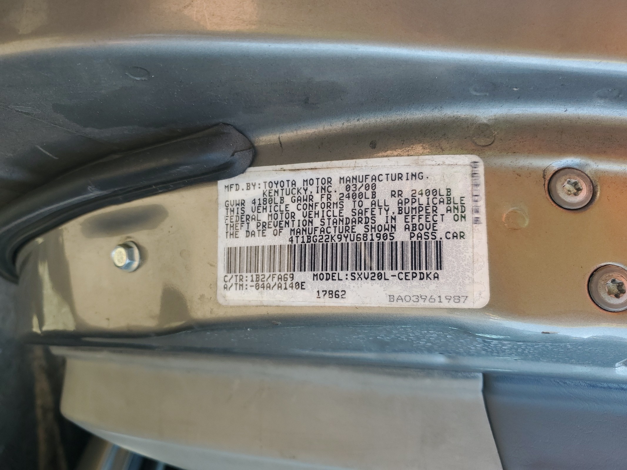 4T1BG22K9YU681905 2000 Toyota Camry Ce