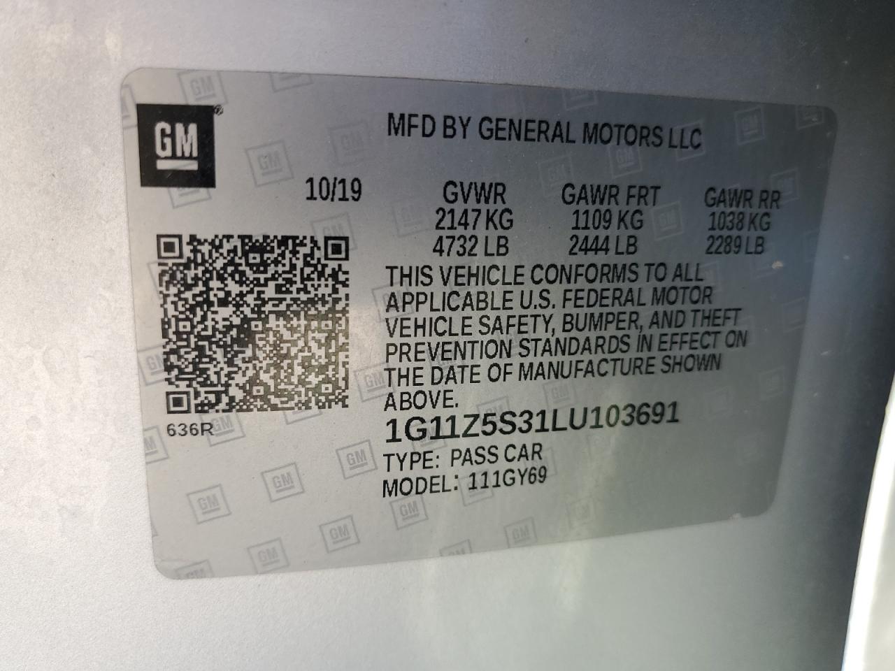 1G11Z5S31LU103691 2020 Chevrolet Impala Lt