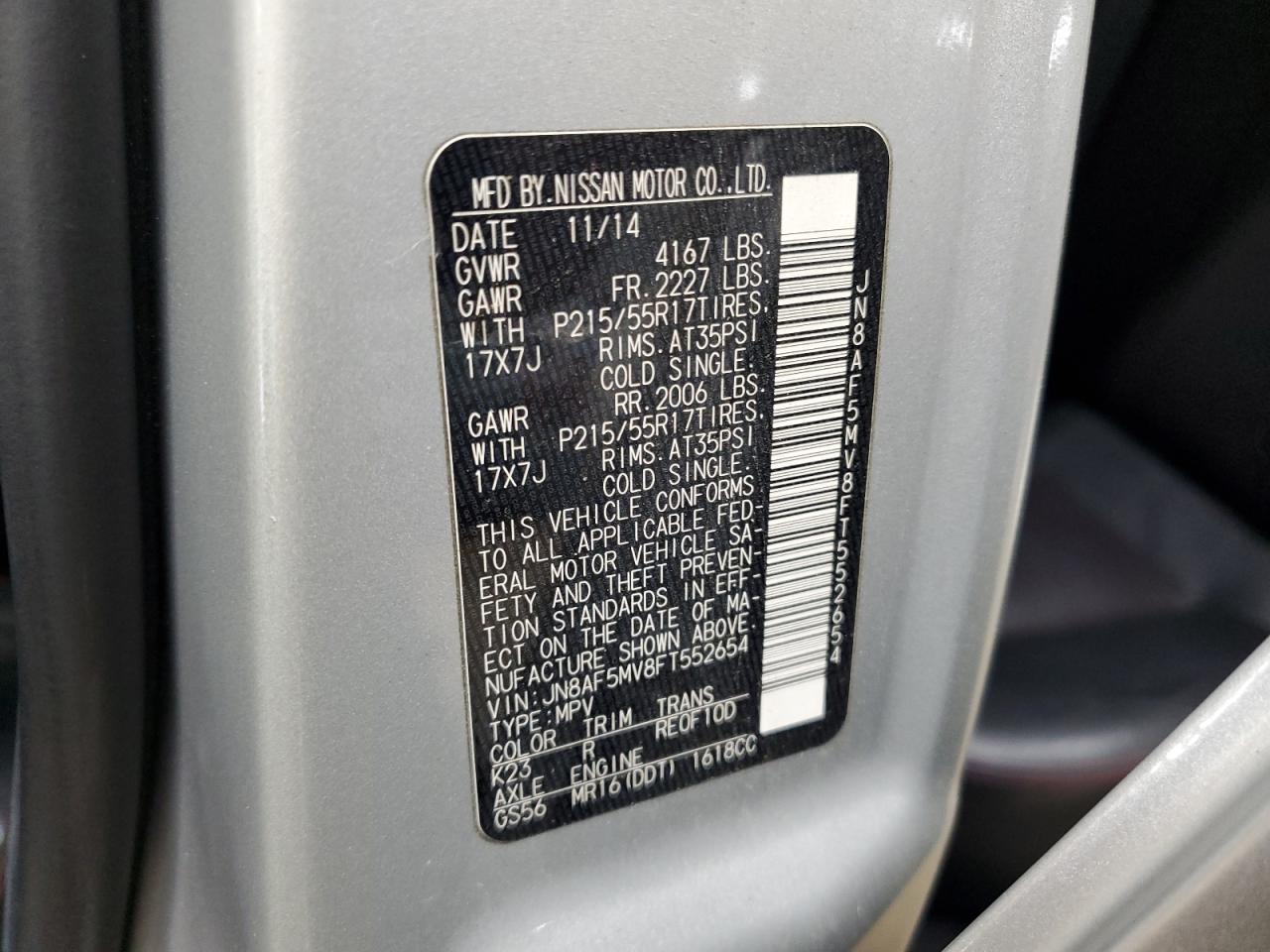 2015 Nissan Juke S VIN: JN8AF5MV8FT552654 Lot: 64931384