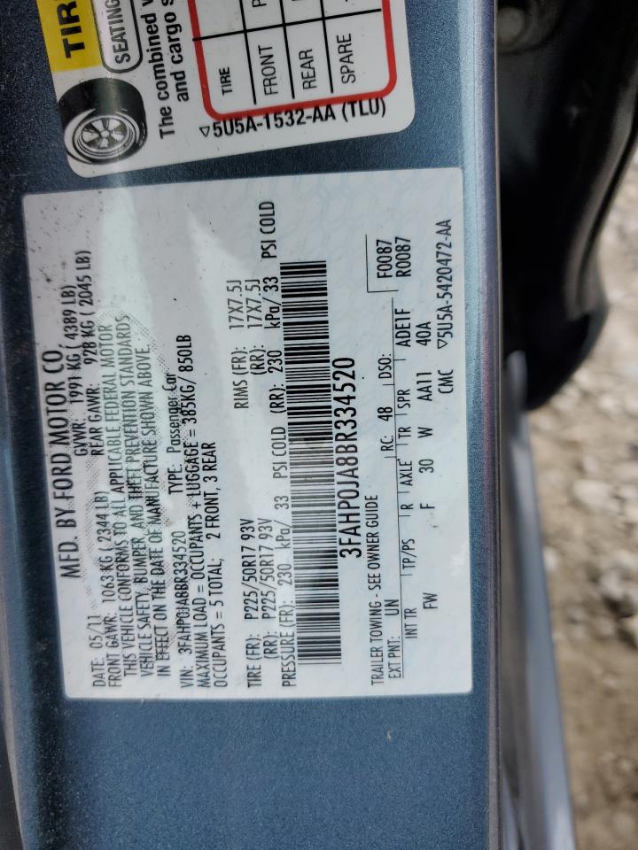 2011 Ford Fusion Sel VIN: 3FAHP0JA8BR334520 Lot: 64614994