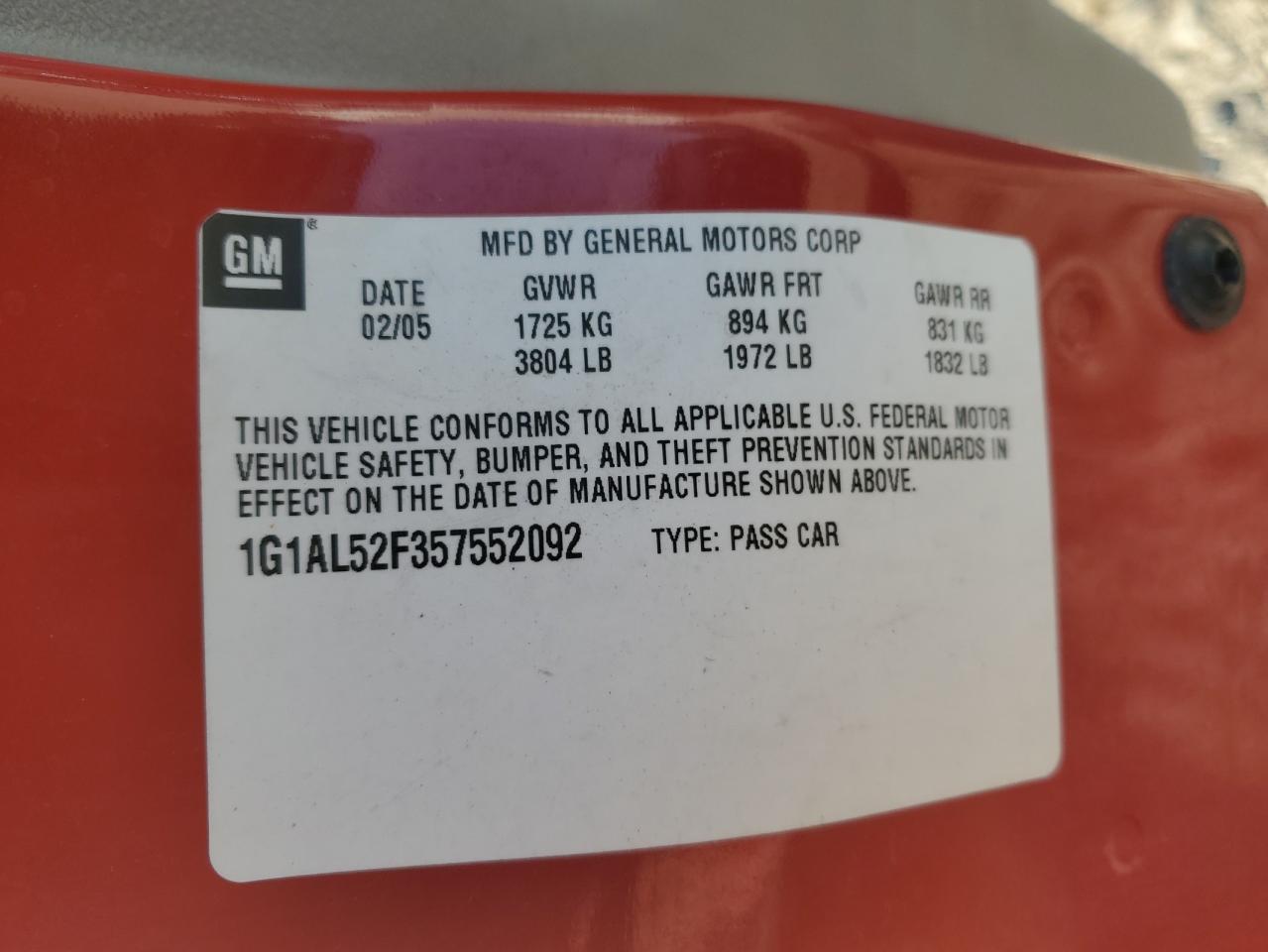 2005 Chevrolet Cobalt Ls VIN: 1G1AL52F357552092 Lot: 64232394