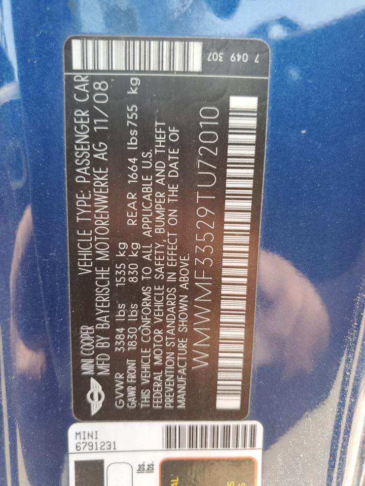 2009 Mini Cooper VIN: WMWMF33529TU72010 Lot: 64856864