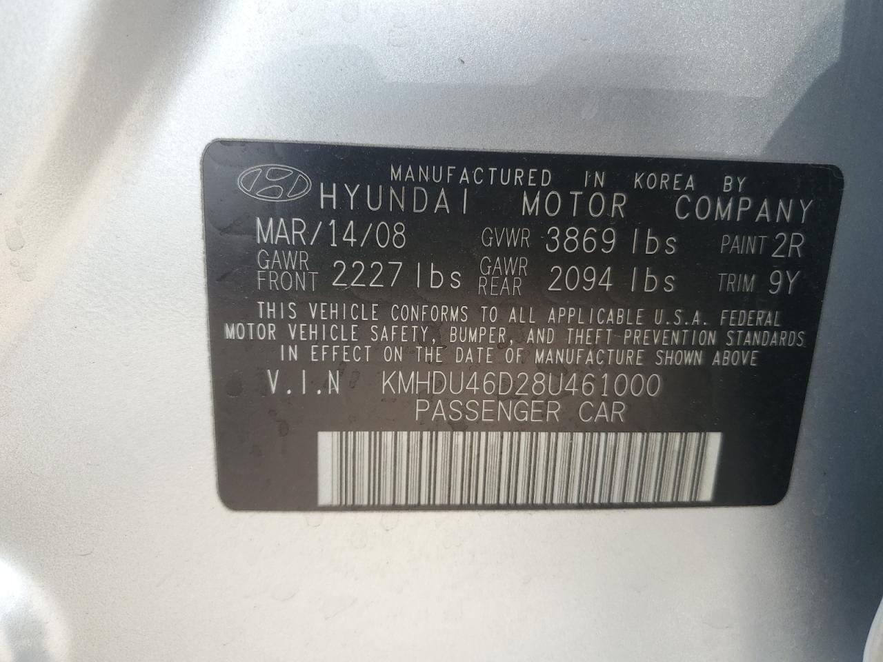 KMHDU46D28U461000 2008 Hyundai Elantra Gls