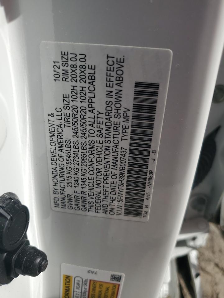 2022 Honda Pilot Sport VIN: 5FNYF5H39NB007437 Lot: 64558424