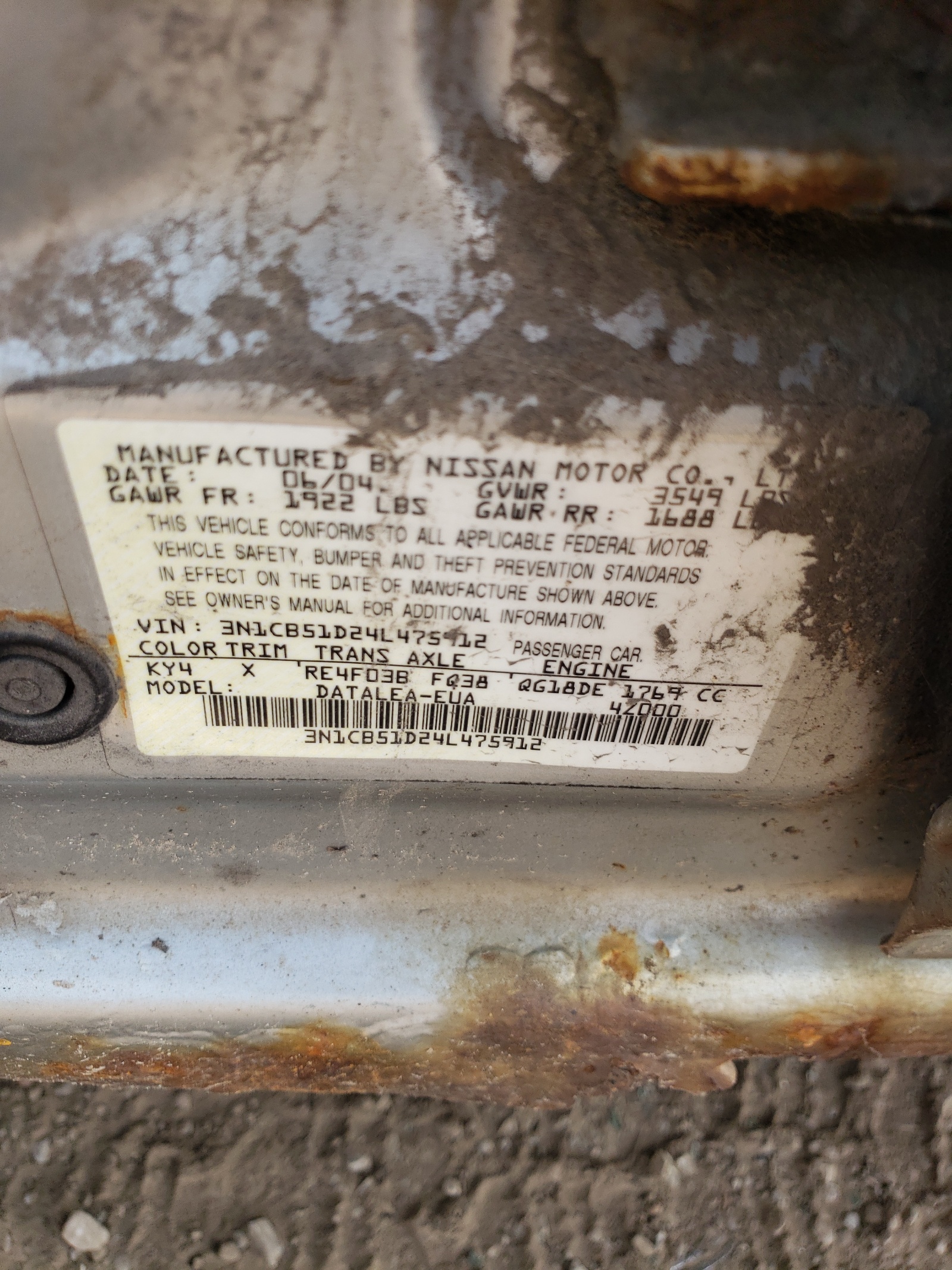 3N1CB51D24L475912 2004 Nissan Sentra 1.8