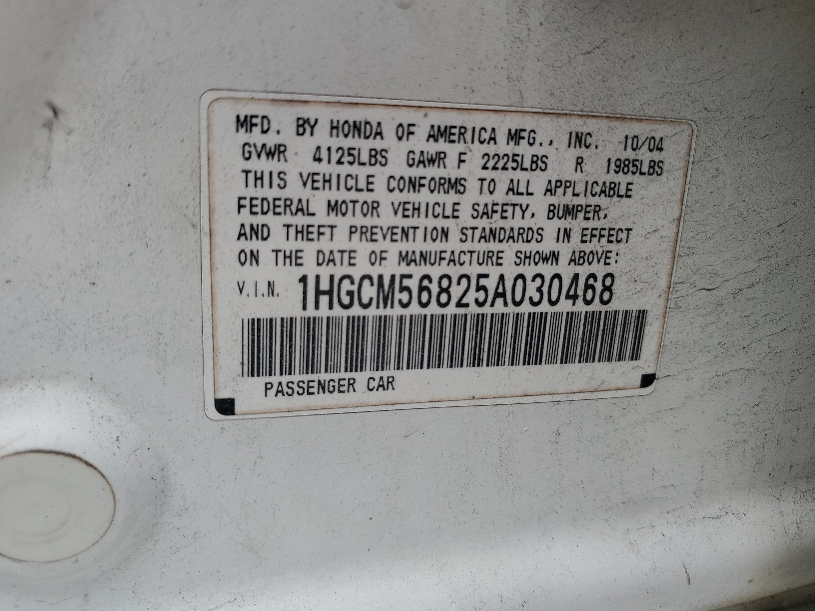 1HGCM56825A030468 2005 Honda Accord Ex