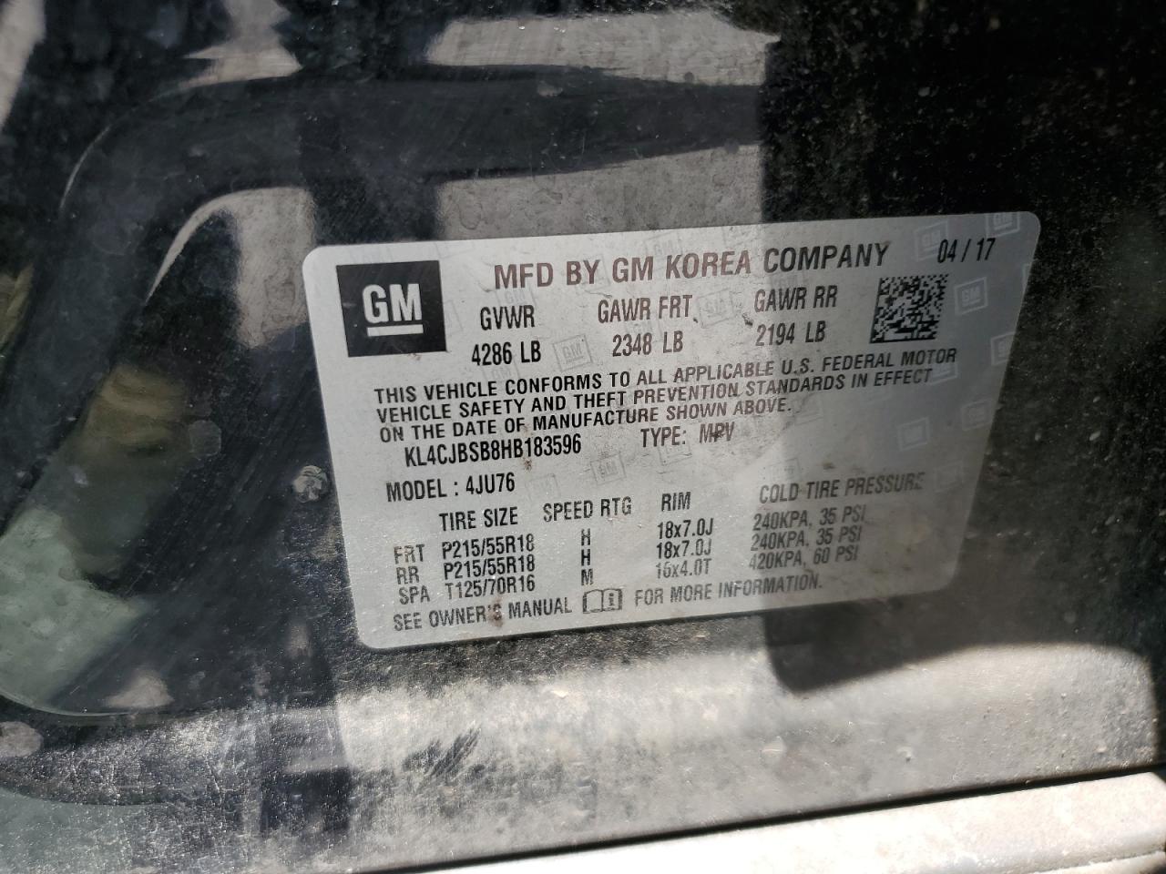 2017 Buick Encore Preferred Ii VIN: KL4CJBSB8HB183596 Lot: 62414984