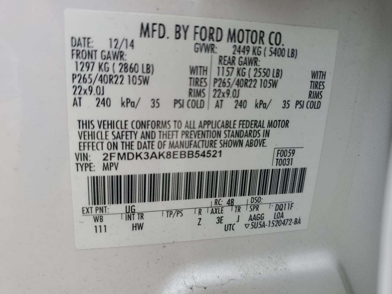 2FMDK3AK8EBB54521 2014 Ford Edge Sport