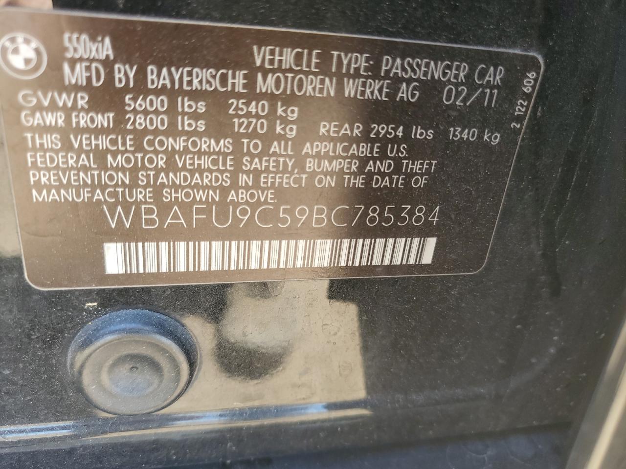 2011 BMW 550 Xi VIN: WBAFU9C59BC785384 Lot: 62709324