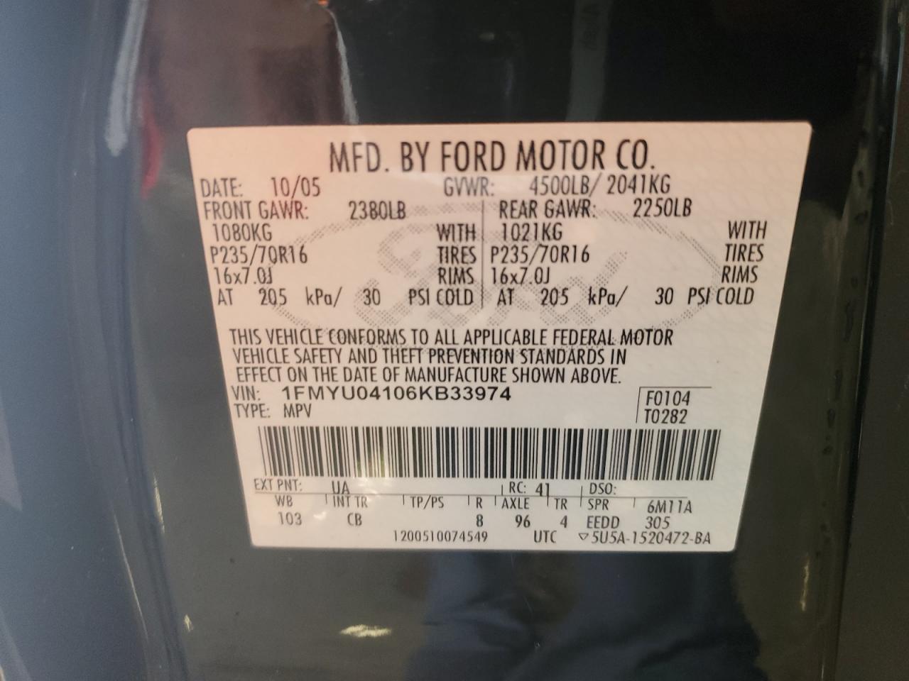 2006 Ford Escape Limited VIN: 1FMYU04106KB33974 Lot: 62531854