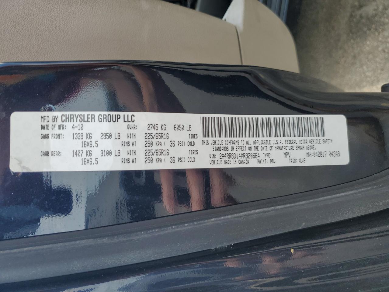 2010 Chrysler Town & Country Touring Plus VIN: 2A4RR8D14AR320664 Lot: 64826314