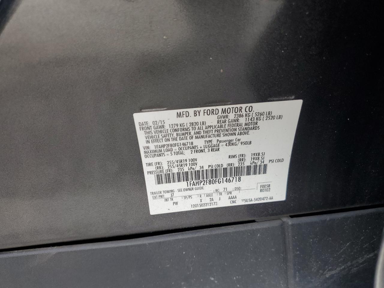 2015 Ford Taurus Limited VIN: 1FAHP2F80FG146718 Lot: 62808864