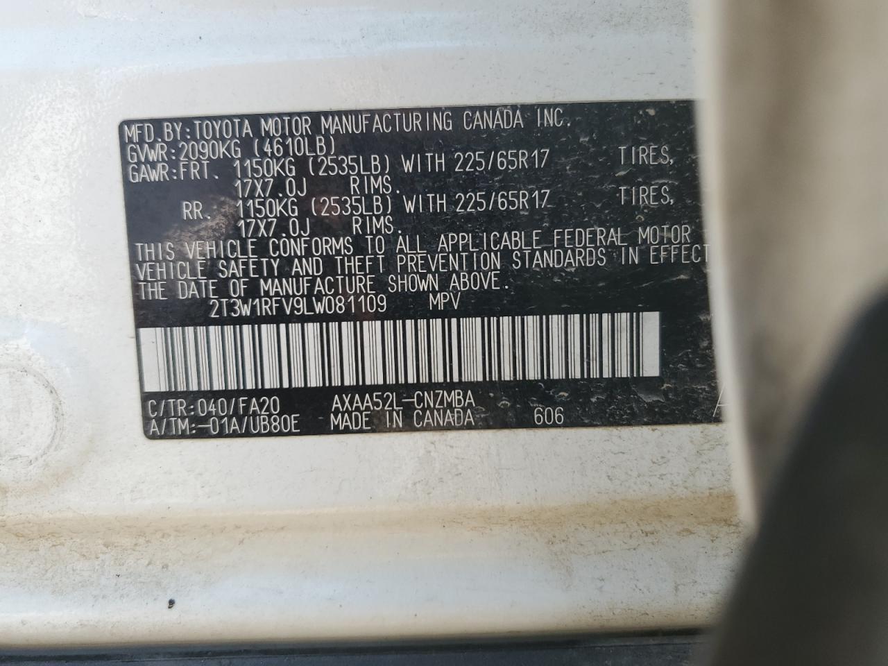 2T3W1RFV9LW081109 2020 Toyota Rav4 Xle