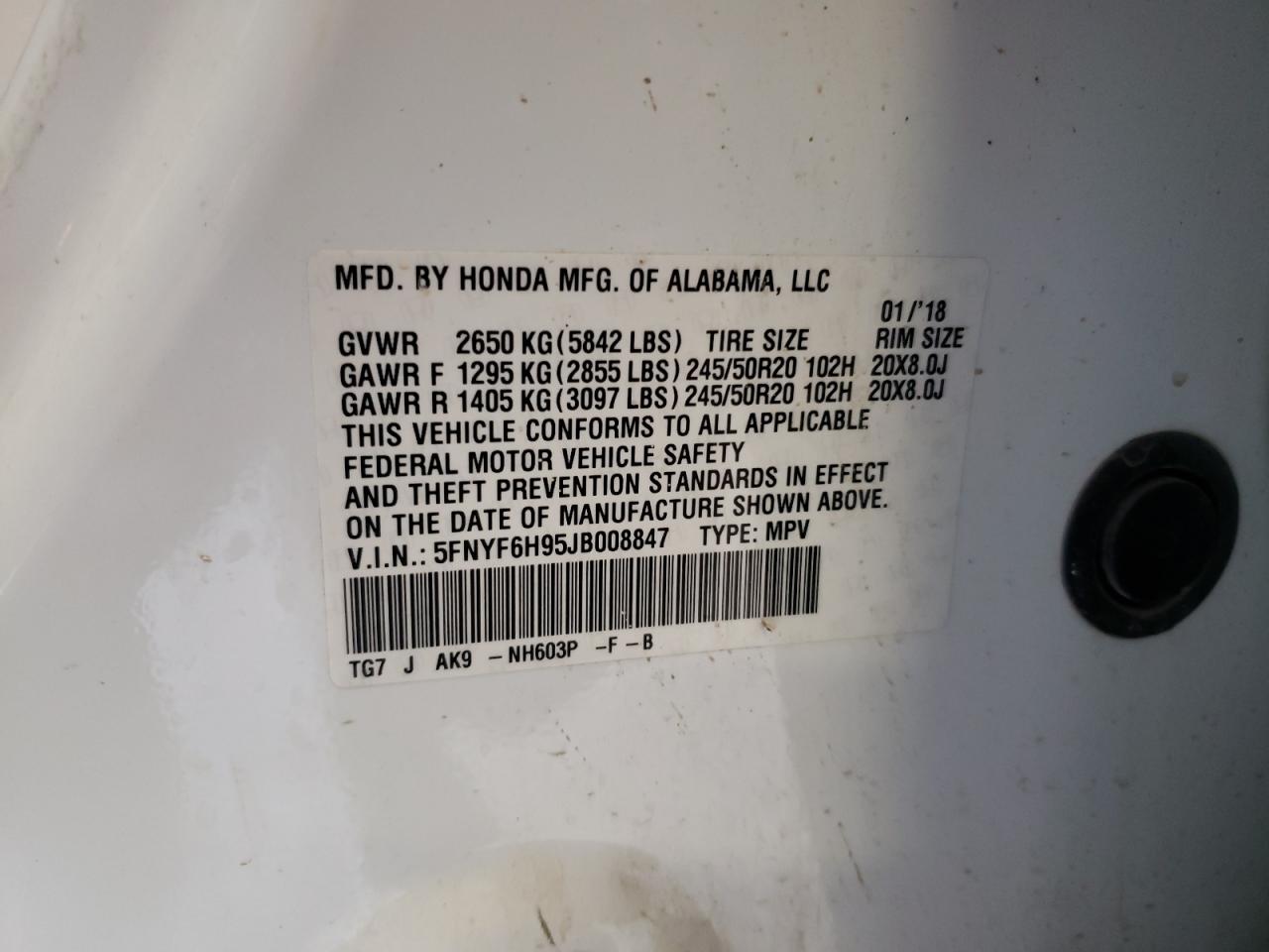 2018 Honda Pilot Touring VIN: 5FNYF6H95JB008847 Lot: 63706334