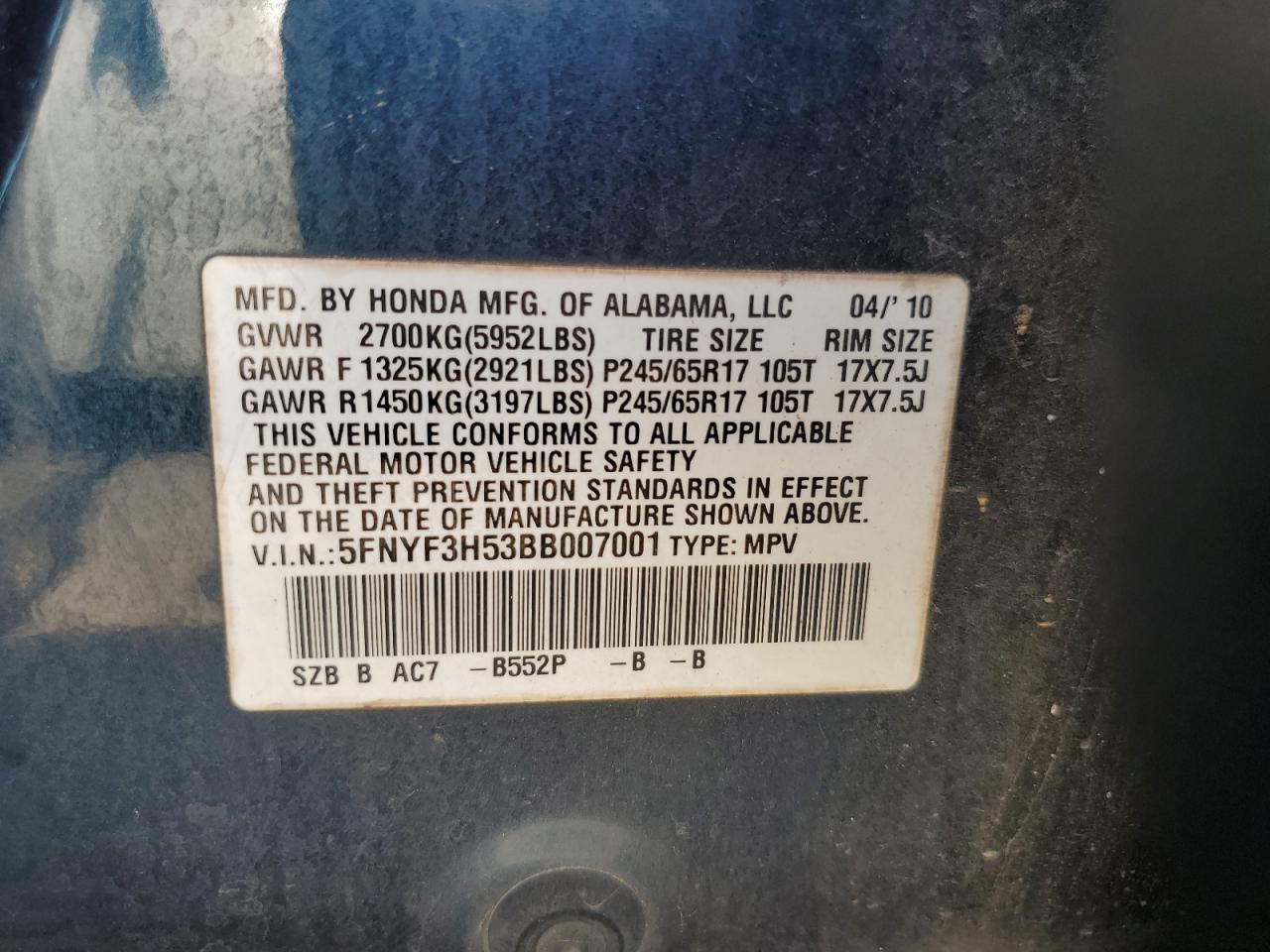 2011 Honda Pilot Exl VIN: 5FNYF3H53BB007001 Lot: 61627884