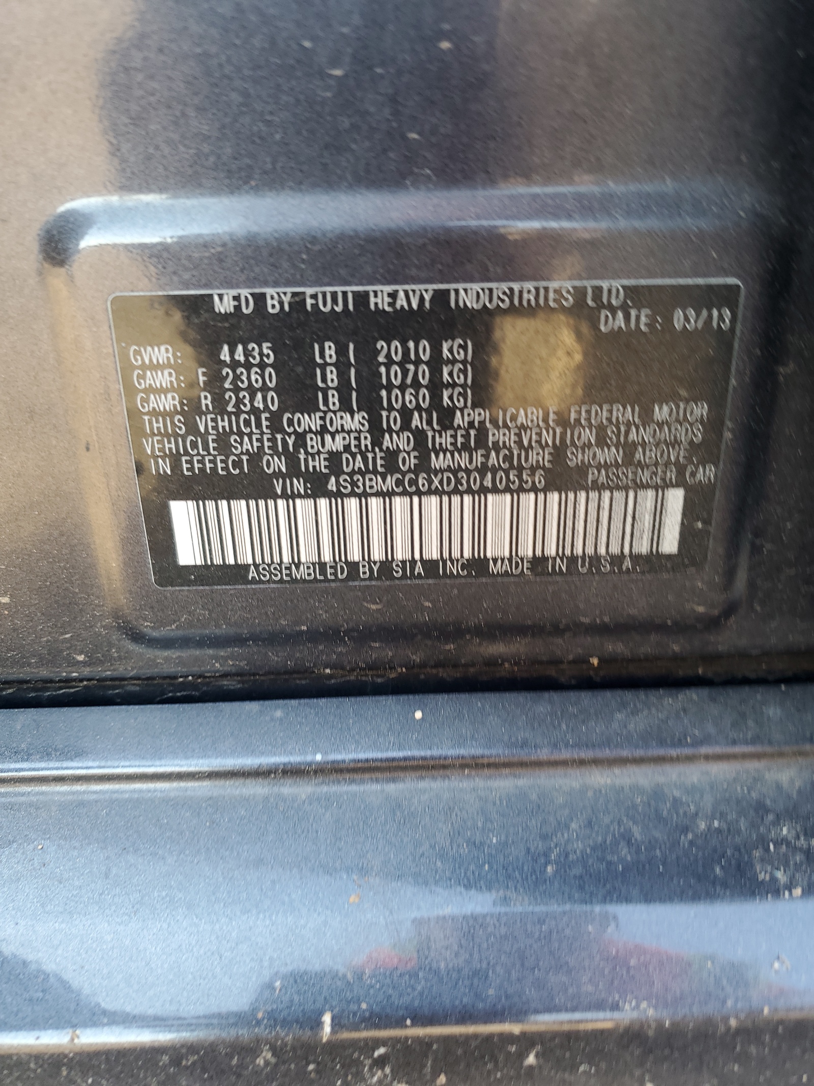 4S3BMCC6XD3040556 2013 Subaru Legacy 2.5I Premium