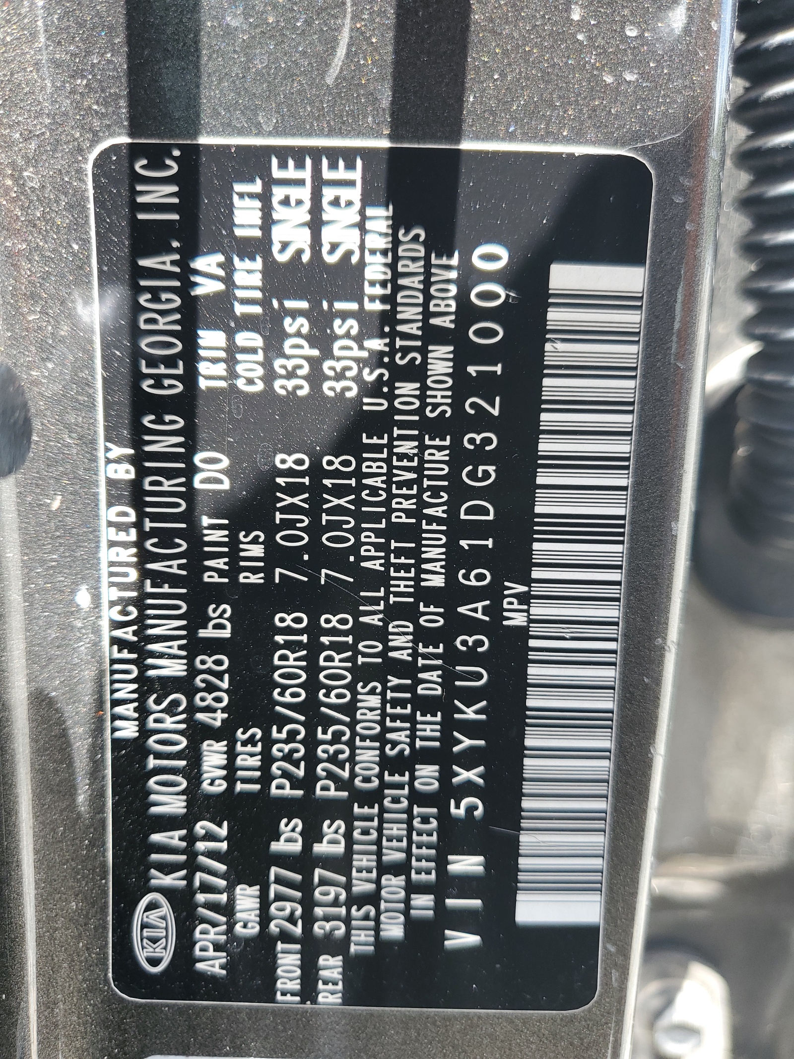 5XYKU3A61DG321000 2013 Kia Sorento Ex