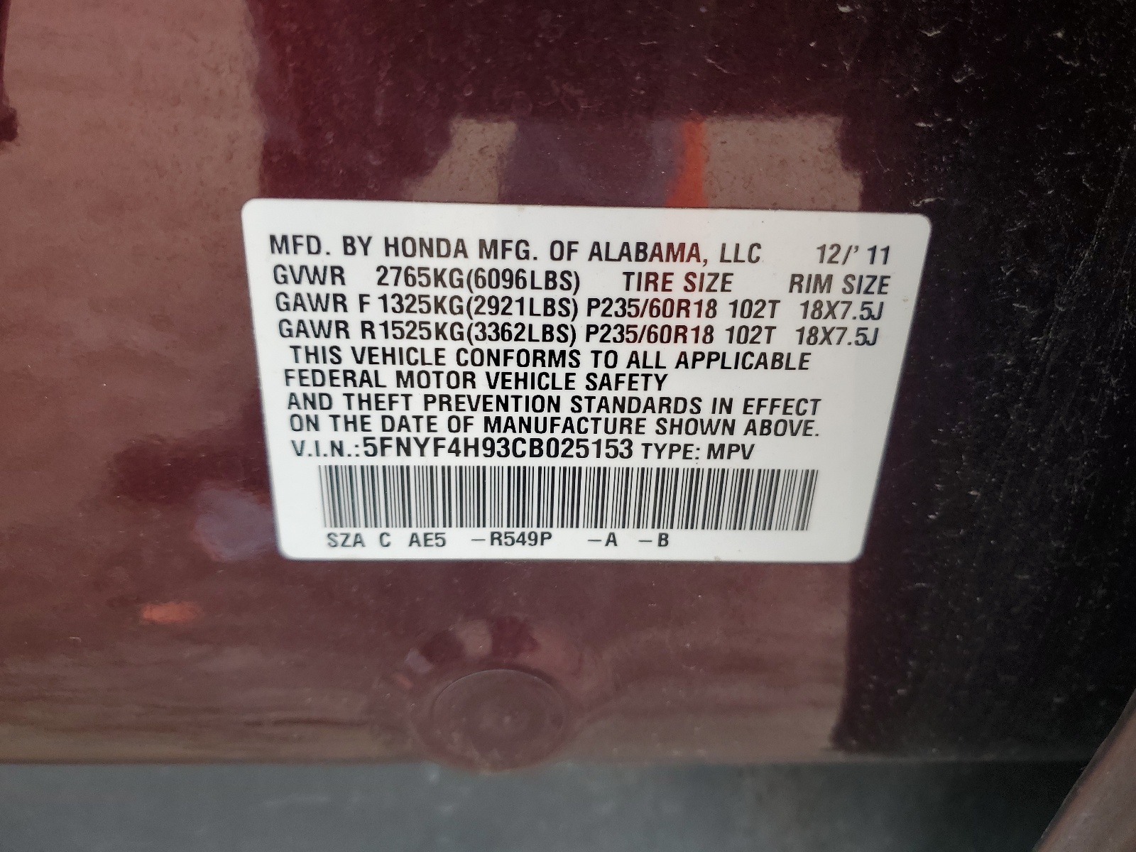 5FNYF4H93CB025153 2012 Honda Pilot Touring