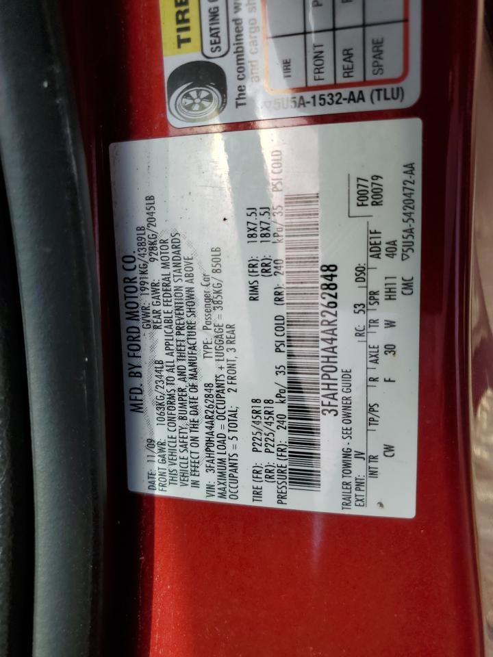 2010 Ford Fusion Se VIN: 3FAHP0HA4AR262848 Lot: 62303504