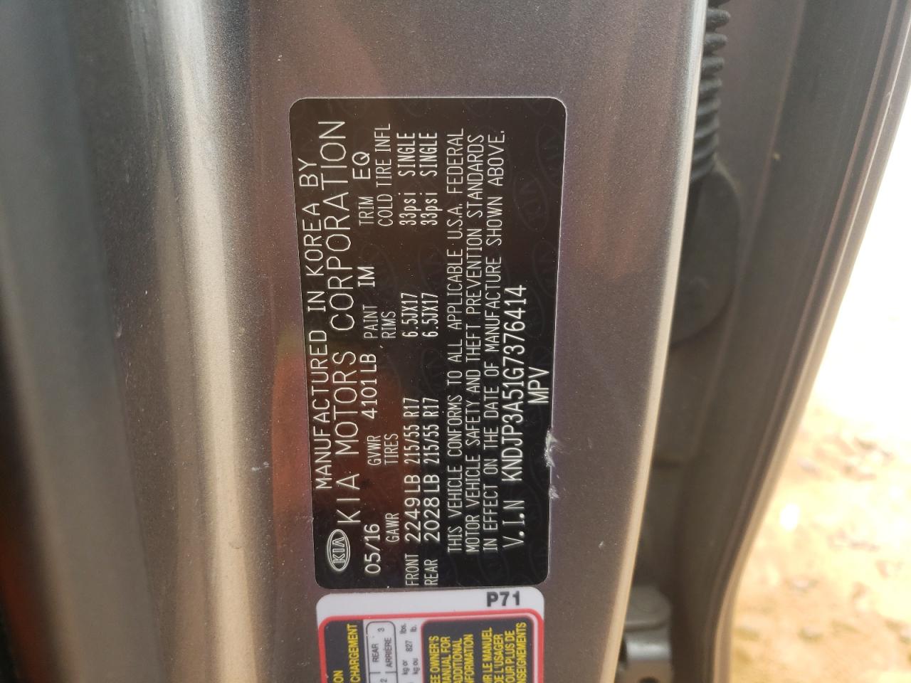 2016 Kia Soul + VIN: KNDJP3A51G7376414 Lot: 61372264