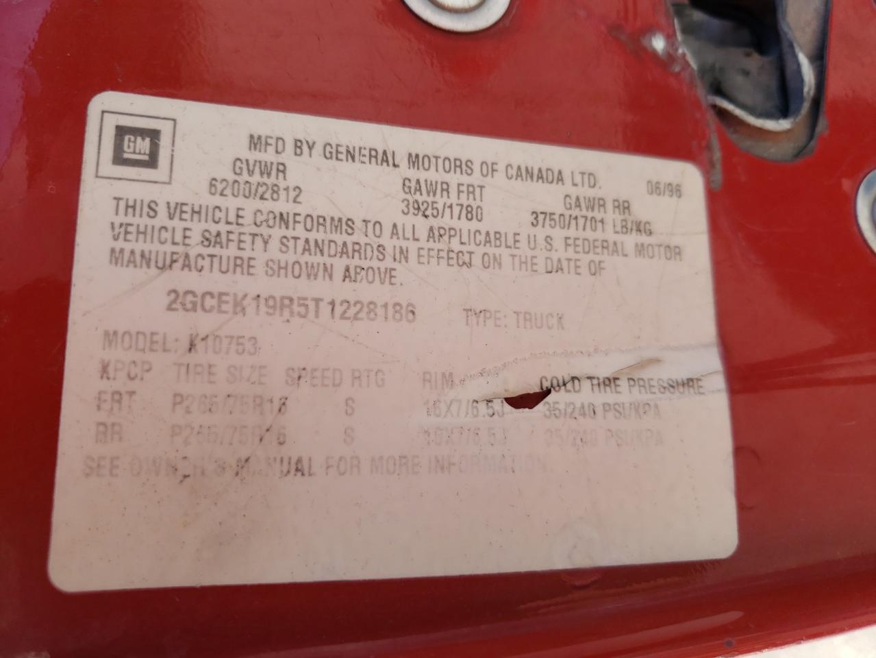 1996 Chevrolet Gmt-400 K1500 VIN: 2GCEK19R5T1228186 Lot: 63414794