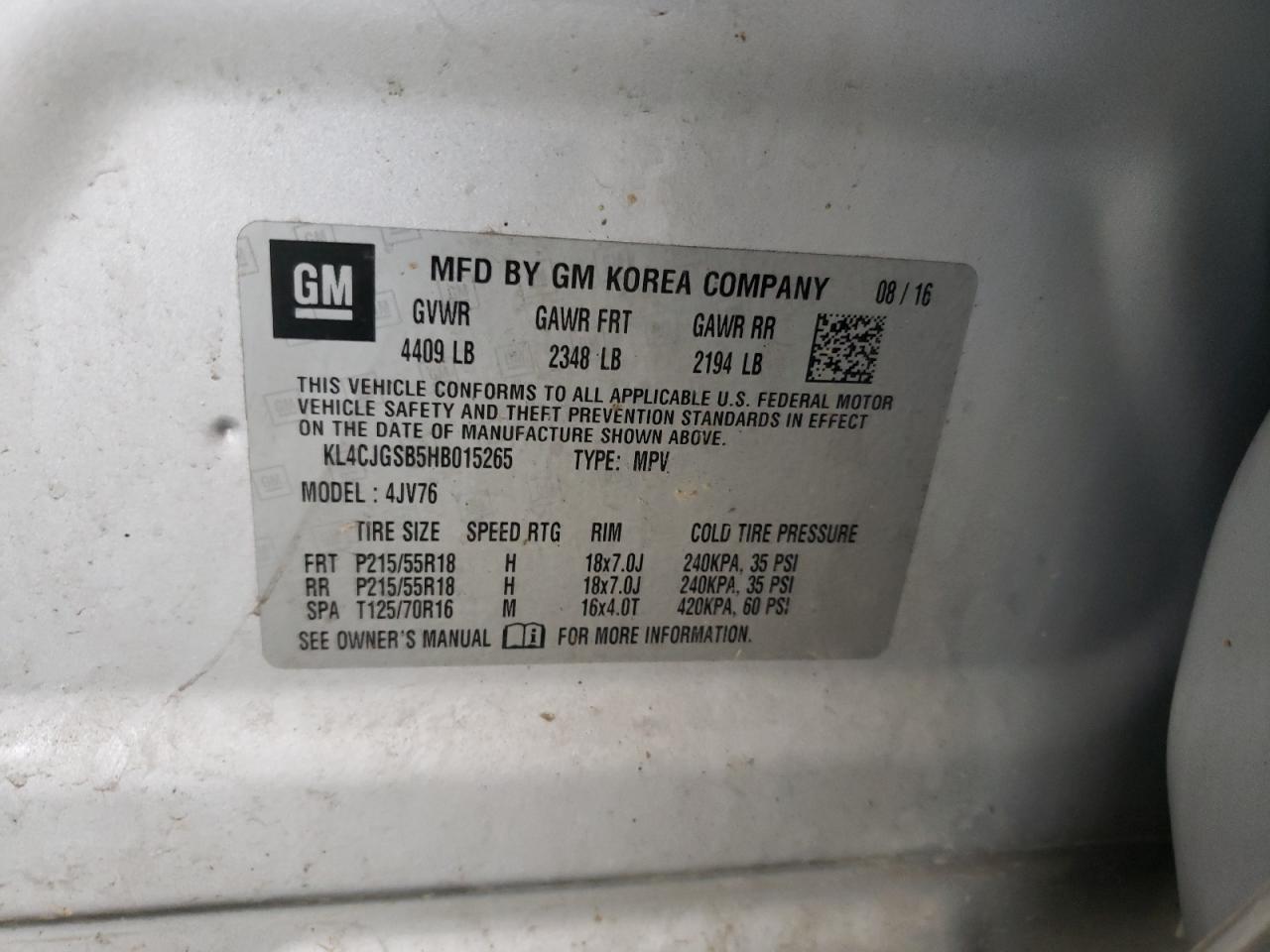 2017 Buick Encore Essence VIN: KL4CJGSB5HB015265 Lot: 64828324