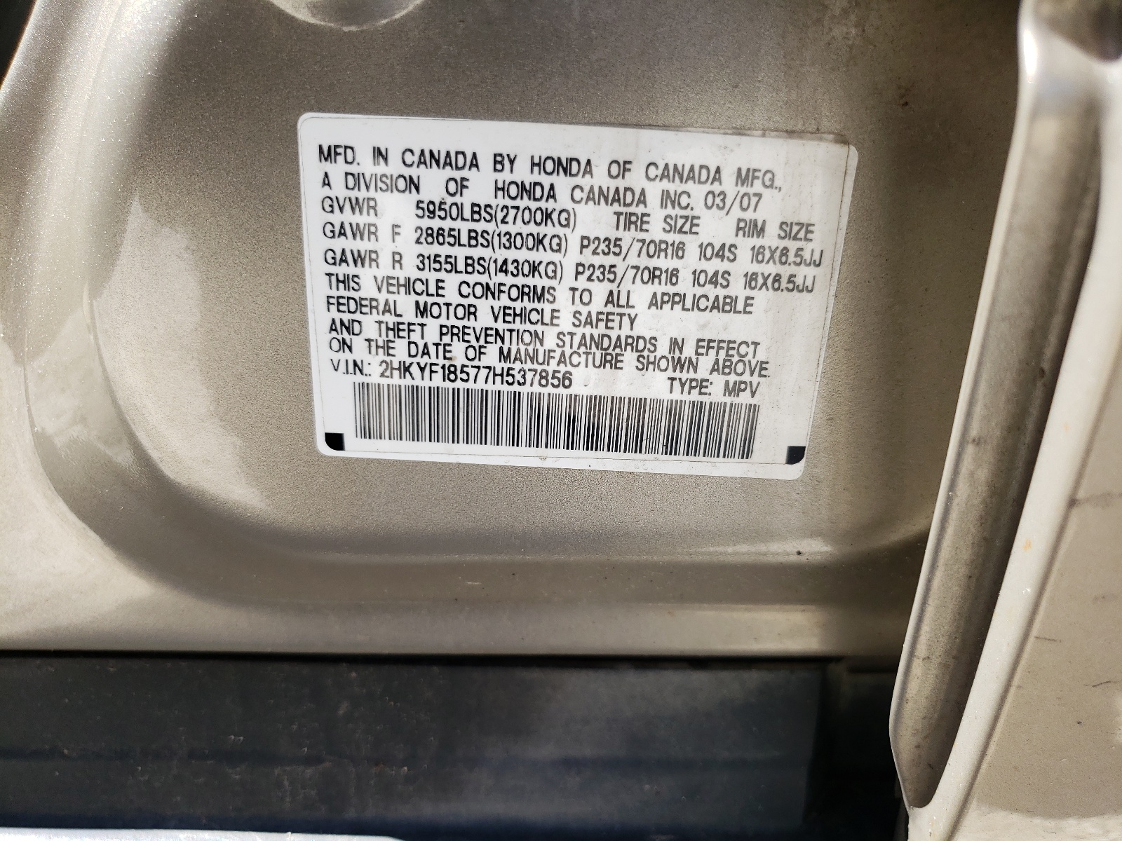 2HKYF18577H537856 2007 Honda Pilot Exl