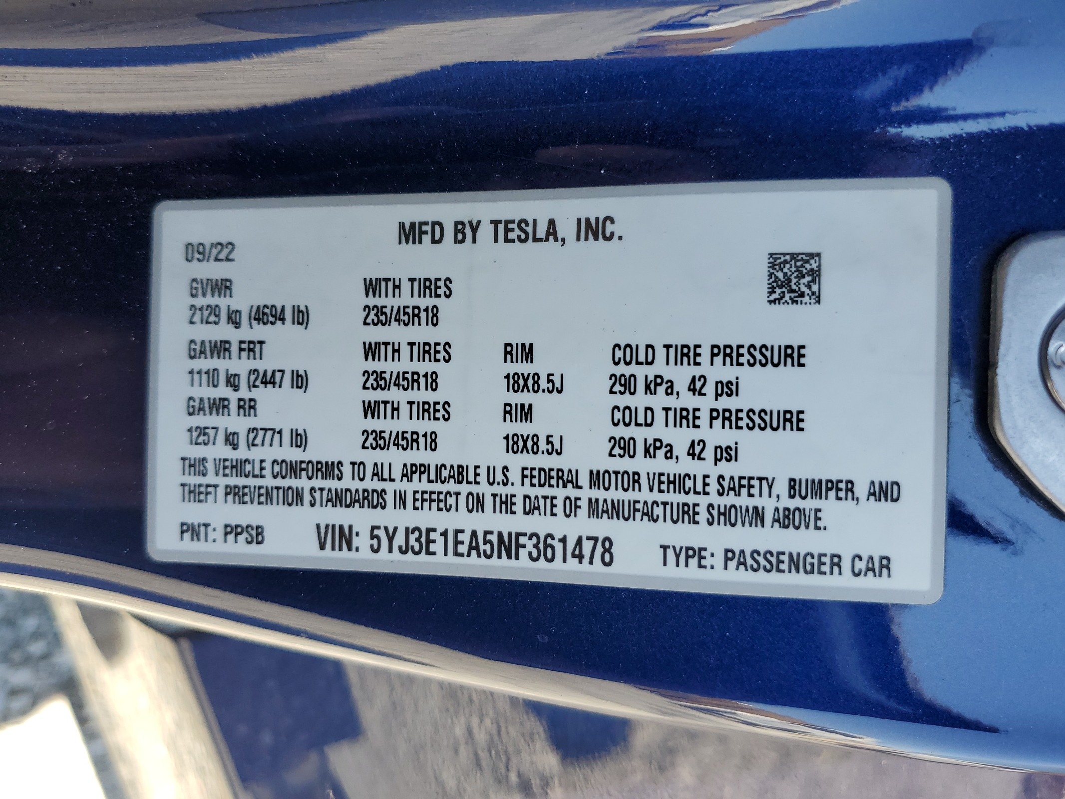 5YJ3E1EA5NF361478 2022 Tesla Model 3