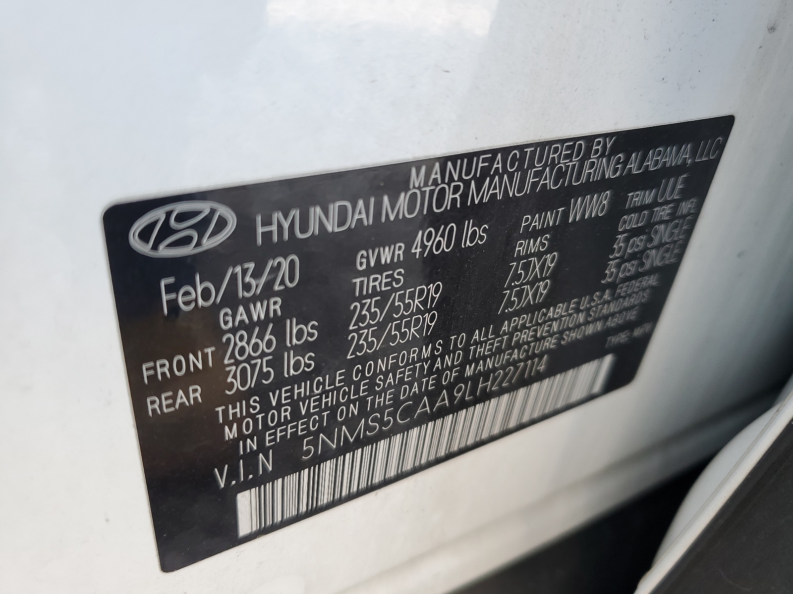 5NMS5CAA9LH227114 2020 Hyundai Santa Fe Limited