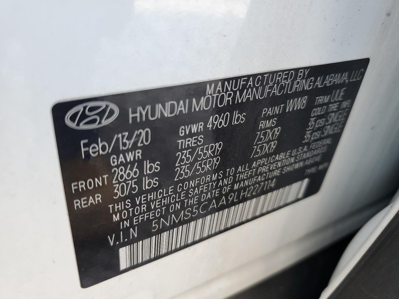 2020 Hyundai Santa Fe Limited VIN: 5NMS5CAA9LH227114 Lot: 64599194