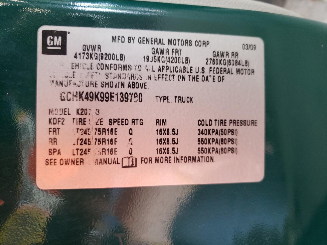 2009 Chevrolet Silverado K2500 Heavy Duty VIN: 1GCHK49K99E139780 Lot: 63817854