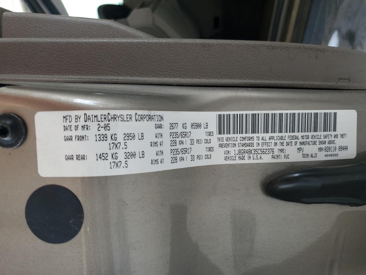 2005 Jeep Grand Cherokee Laredo VIN: 1J8GR48K35C562376 Lot: 63669104