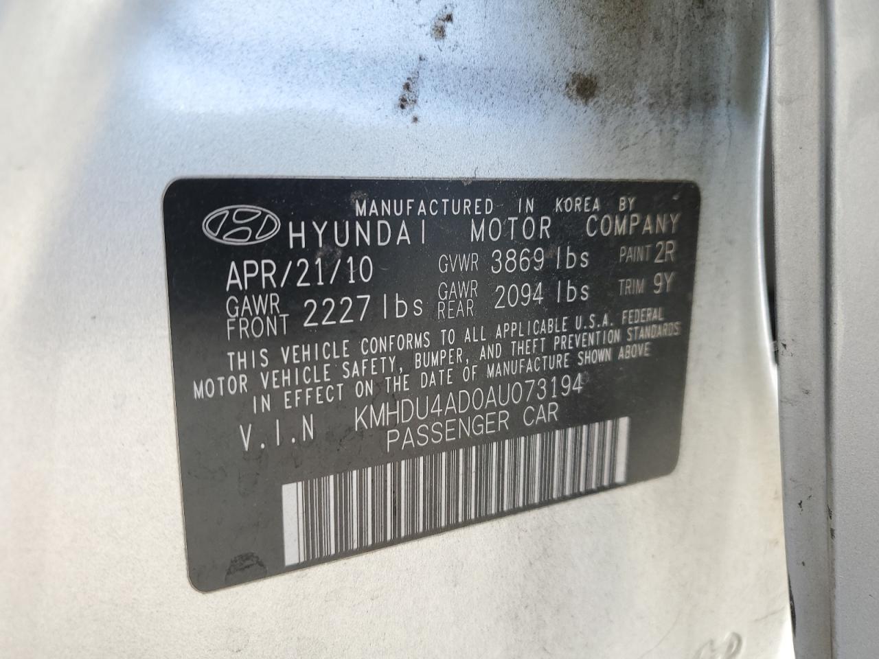 2010 Hyundai Elantra Blue VIN: KMHDU4AD0AU073194 Lot: 60162504