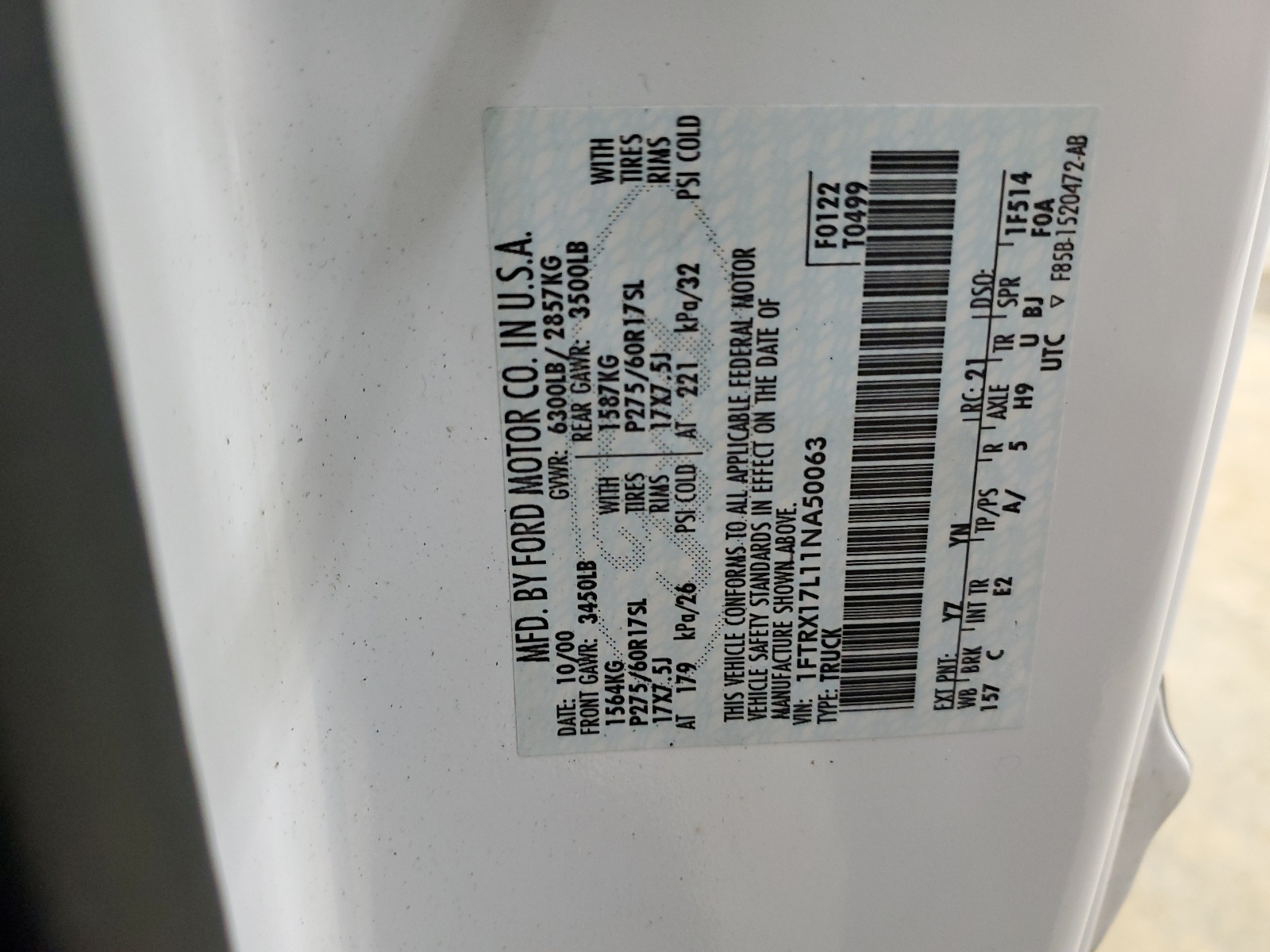 1FTRX17L11NA50063 2001 Ford F150