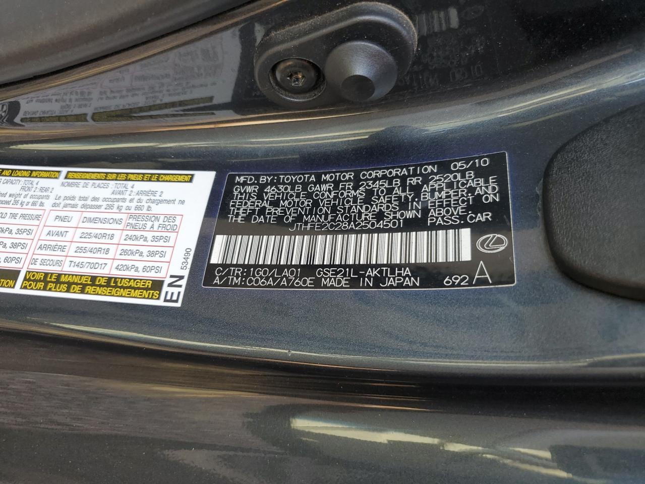 2010 Lexus Is 350 VIN: JTHFE2C28A2504501 Lot: 63098384