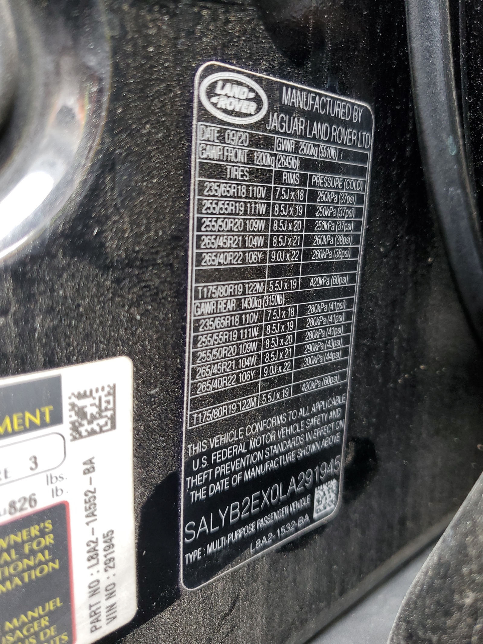 SALYB2EX0LA291945 2020 Land Rover Range Rover Velar S