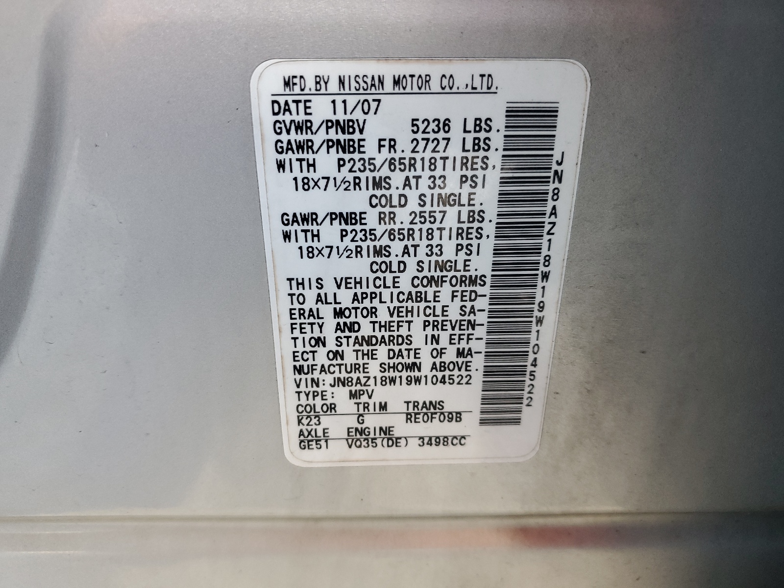 JN8AZ18W19W104522 2009 Nissan Murano S