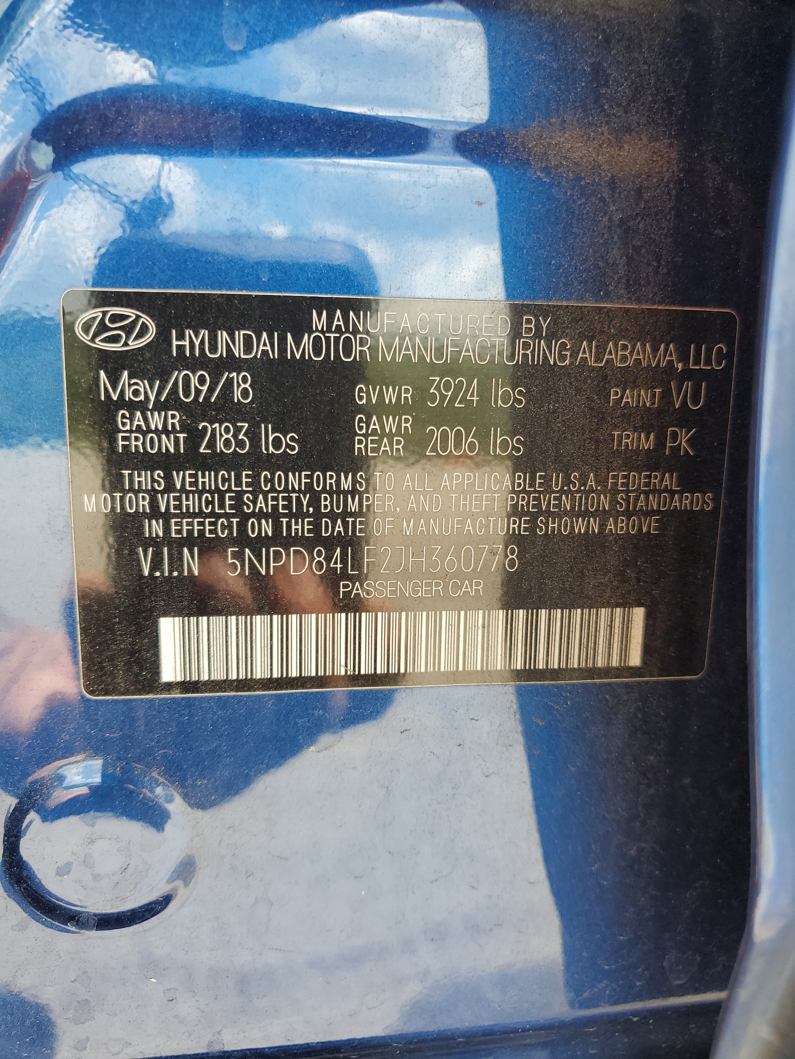 5NPD84LF2JH360778 2018 Hyundai Elantra Sel