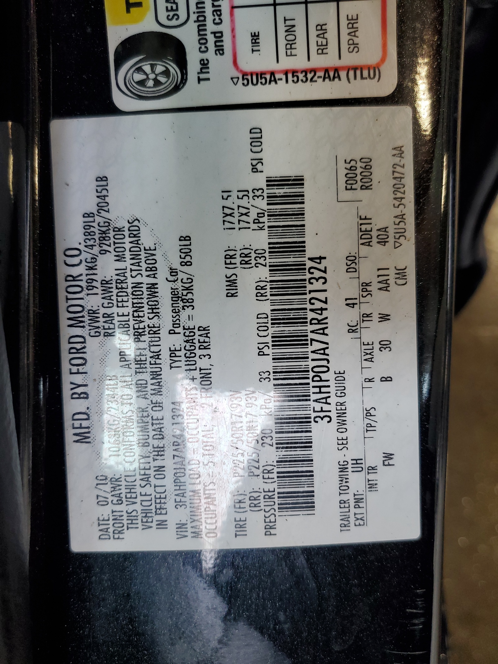 3FAHP0JA7AR421324 2010 Ford Fusion Sel