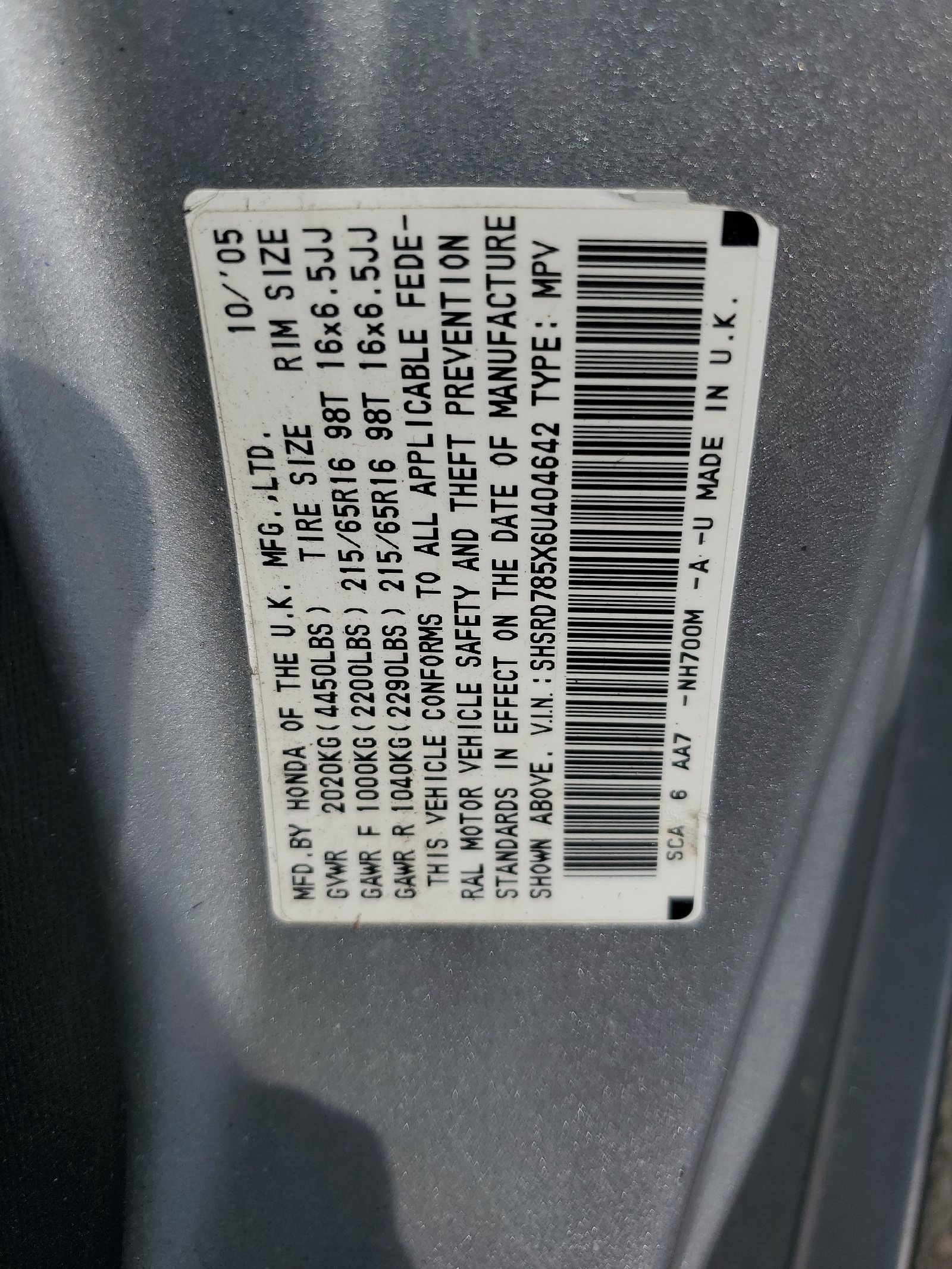 SHSRD785X6U404642 2006 Honda Cr-V Lx