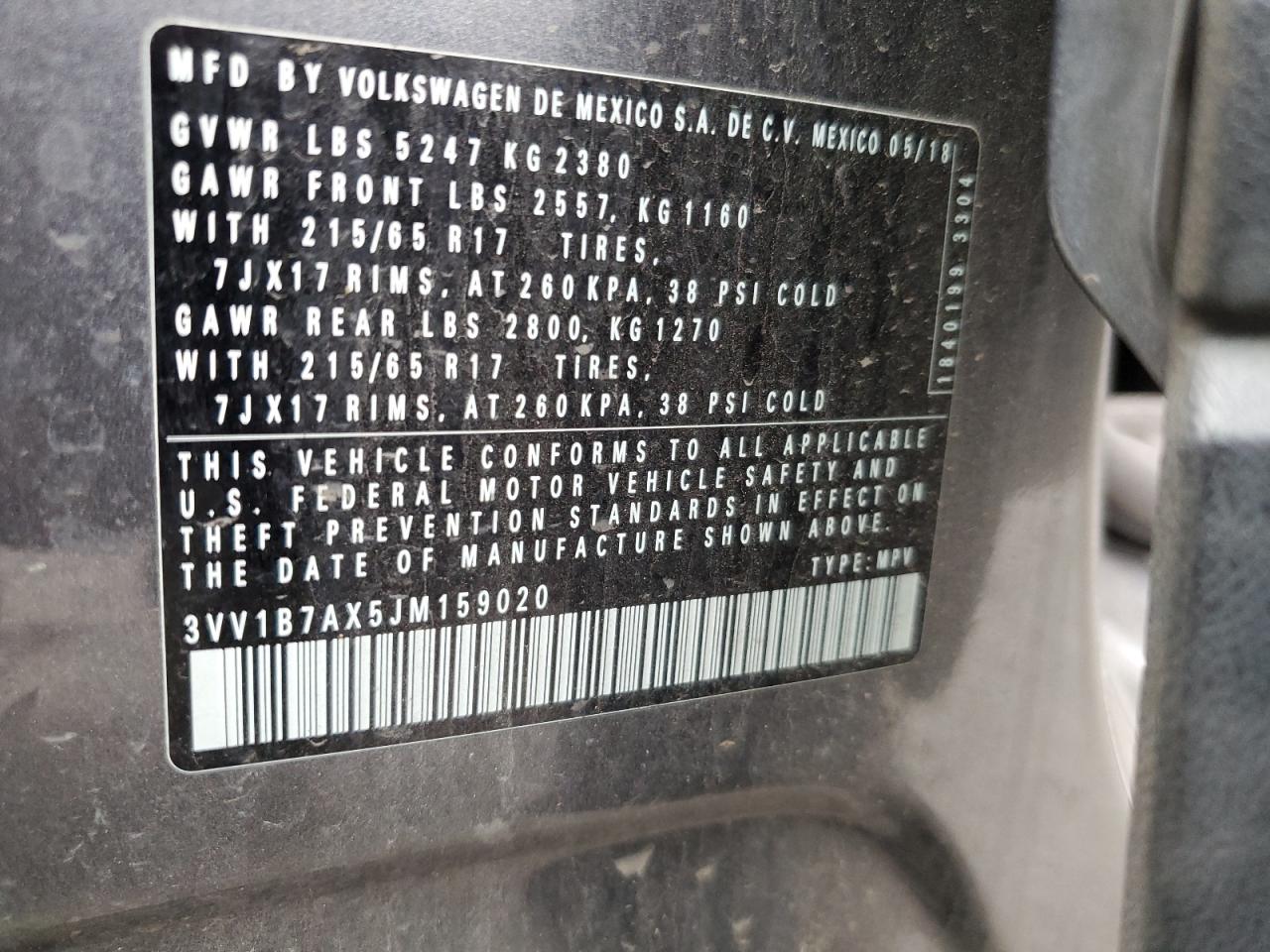 2018 Volkswagen Tiguan S VIN: 3VV1B7AX5JM159020 Lot: 63674514